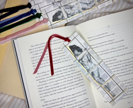 Bookmark Female Figure Drawing on Vintage Books - Custom Gold Accents - Fine Art - Book Lovers - Reading - Woman