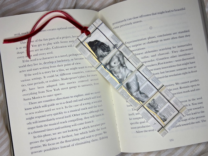 May include: Handmade bookmark featuring a nude figure illustration. The bookmark is constructed from small squares of book pages, with a red ribbon attached. The bookmark is placed in an open book.