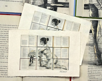 Female Figure Drawing on Vintage Books Signed Mini Art Print - Custom Gold Accents - Fine Art - Natural Hemp Paper - Reading - Woman