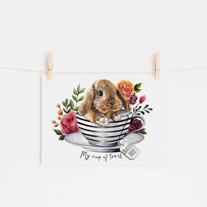 Vegan 5 x 7 Postcard Print - My Cup of Tea is Cruelty Free - Bunny Art - Rabbit Art