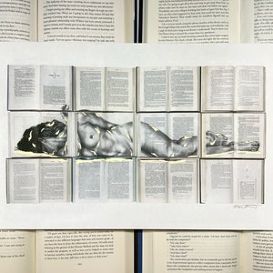 Female Figure Drawing on Vintage Books Signed 11 x 17 Art Print - Custom Gold Accents - Fine Art - Natural Hemp Paper - Reading - Woman