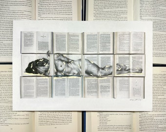 Female Figure Drawing on Vintage Books Signed 11 x 17 Art Print - Custom Gold Accents - Fine Art - Natural Hemp Paper - Reading - Woman