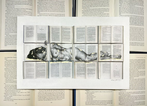 Female Figure Drawing on Vintage Books Signed 11 x 17 Art Print - Custom Gold Accents - Fine Art - Natural Hemp Paper - Reading - Woman
