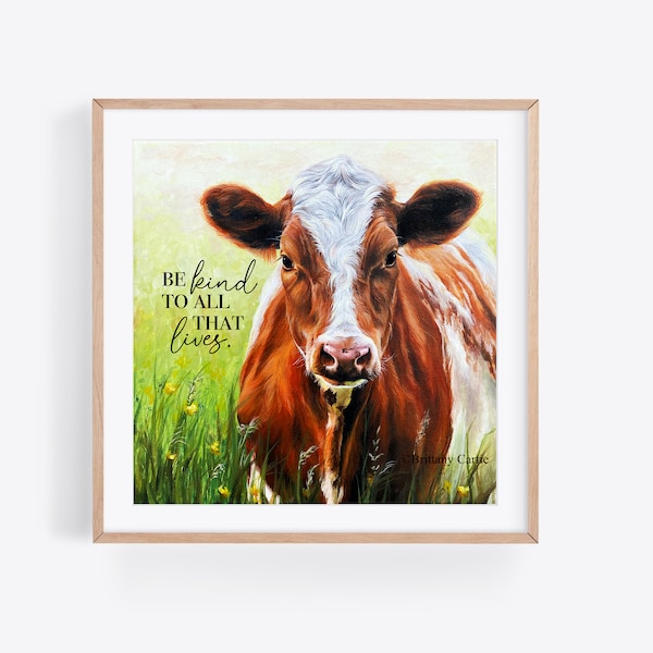 Vegan Art Print - 8 x 8 Aquarelle Art Print - Soyez gentil avec tout ce qui vit - Cow Art