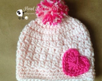 Baby Hat, Toddler Hat, Girl, Pink Winter Hat, Crochet, Knit, Heart, Valentines Day, Toddler, Baby Shower, Gift, Christmas, Warm Winter Hat