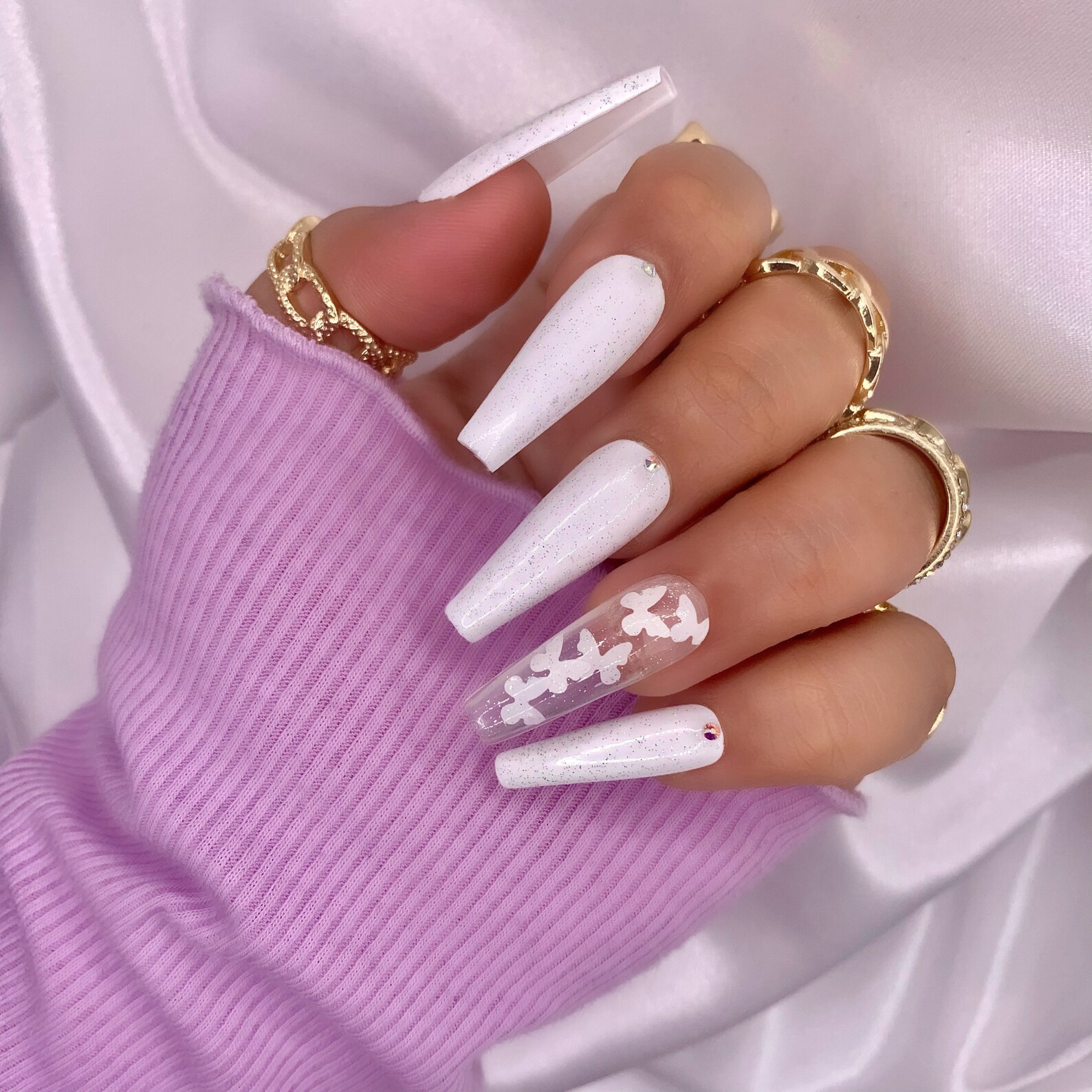 White Glitter Butterfly Nail Set Press On Nails Fake Nails Etsy