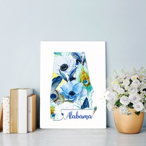 Alabama Wand Kunst druckbare Karte von Alabama Pfau und Blumen Muster Digital Home Decor Print Yourself State of AL Print