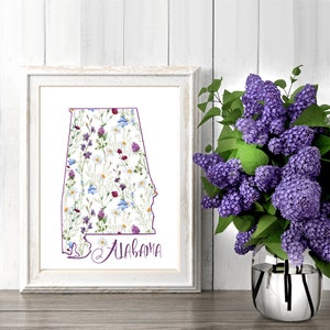 Alabama Wand Kunst druckbare Karte von Alabama Kamille Gänseblümchen Wildblumen Muster Digital Home Decor Print Yourself State of AL Print
