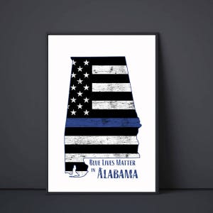 Blue Lives Matter Alabama Wandkunst Digital druckbare Karte AL Grunge schwarz und weiß USA Flagge mit blauem Streifen Wohnkultur Print Yourself