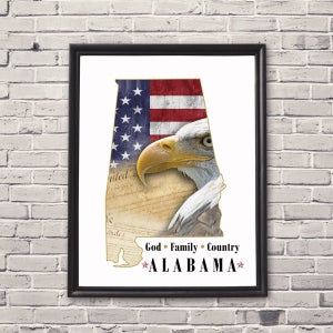 Gott Familie Land Alabama Wand Kunst Digital druckbare Karte AL USA Flagge Amerika Verfassung Adler Home Decor Print Yourself