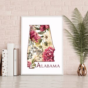 Arte de parede do Alabama Mapa para impressão do Alabama Marrom e Marfim Padrão de flores vintage Decoração de casa digital Imprimir você mesmo Estado de AL Print