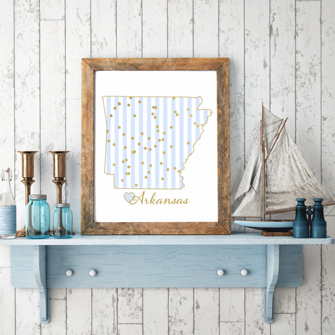 Arkansas Wall Art Printable Map of Arkansas With Blue Stripes and Gold
