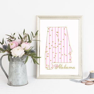 Alabama Wand Kunst druckbare Karte von Alabama mit rosa Streifen und Gold Konfetti Digital Home Decor Print Yourself State of AL Kinderzimmer Druck