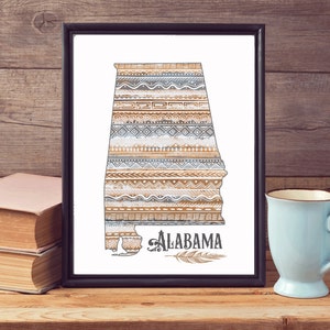 Alabama Wand Kunst druckbare Karte von Alabama Tribal Muster Erdton Farben mit Feder Digital Home Decor Print Yourself State of AL Print