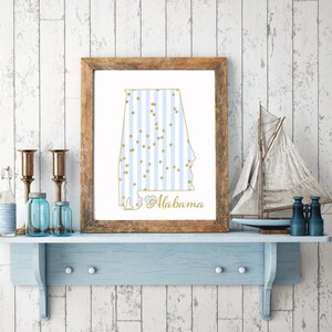 Alabama Wand Kunst druckbare Karte von Alabama mit blauen Streifen und Gold Konfetti Digital Home Decor Print Yourself State of AL Kinderzimmer Druck