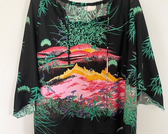 Vintage landscape scene bat wing blouse fits like XL