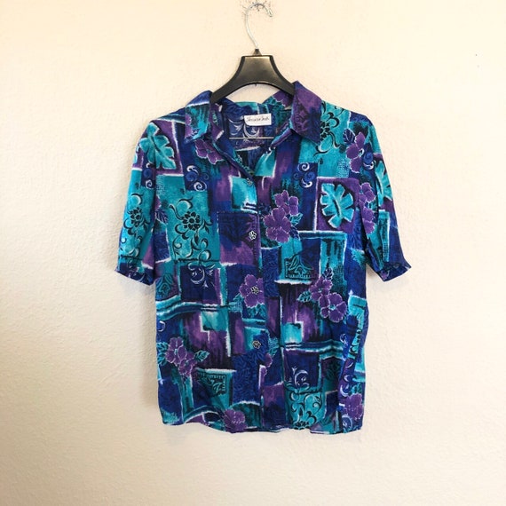 Vintage 90s cool tones floral rayon blouse with f… - image 1