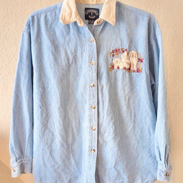 Vintage puppy embroidered denim button up M