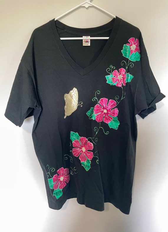 Vintage 90s sparkly hand painted floral top Women’