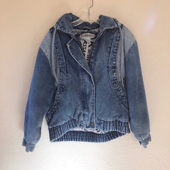 Vintage insulated denim jacket with newspaper prin