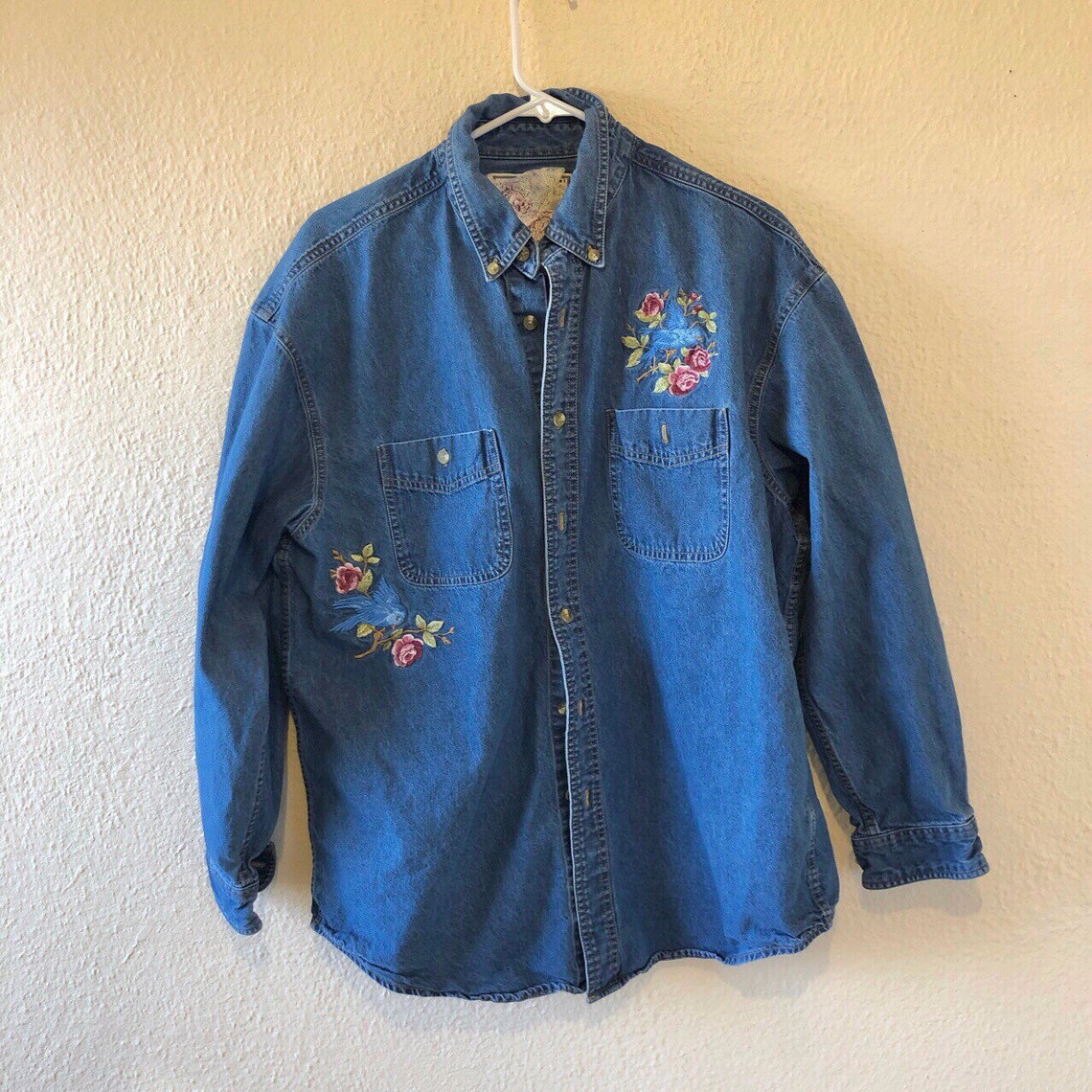 Vintage embroidered denim shirt fits like L | Etsy