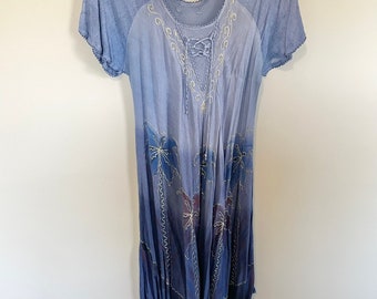 Vintage boho floral embroidered semi sheer rayon dress fits like M/L