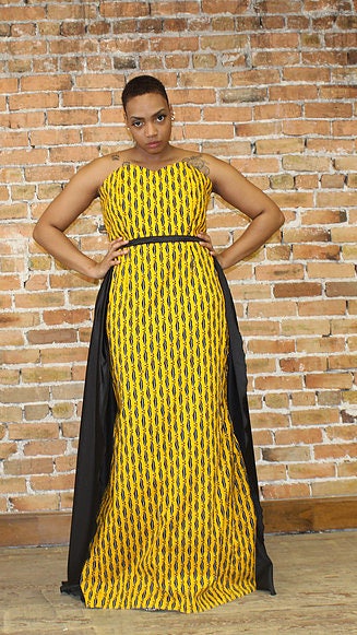 Yellow and Black African Ankara Mixed Print Sweetheart Neckline Maxi Dress with Silk Train Yellow and Black African Ankara Mixed Print Sweetheart Neckline Maxi Dress with Silk Train