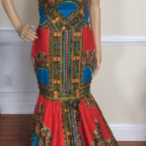 African print Ankara Dashiki Bustier Maxi  Mermaid  Multicolor Cotton Dress