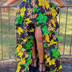 Groene veelkleurige Afrikaanse print Ankara bloemenprint gelaagde ruches maxi rok met zijsplit