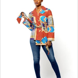 Multicolor African Print Ankara Asymmetrical  Belted Blazer