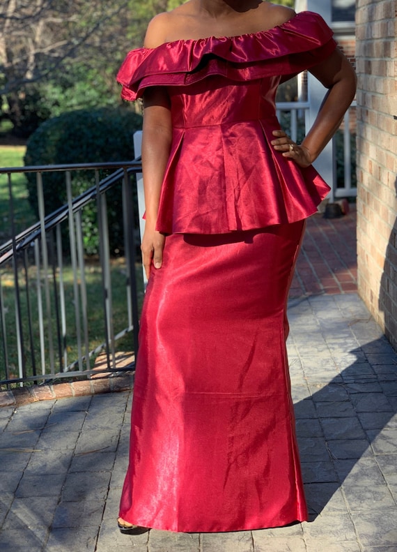 red satin peplum dress Lips Jacquard Peplum Mini Dress