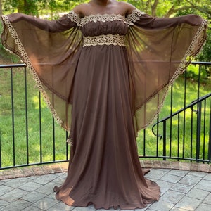 Brown Chiffon Off Shoulder Lace Trim kaftan Dresses
