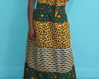 African Print Ankara Cotton Mixed Print Sweet-heart Tie front Top and Maxi Skirt Set