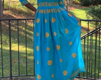 Blue and Gold Beaded Collared Maxi Dress