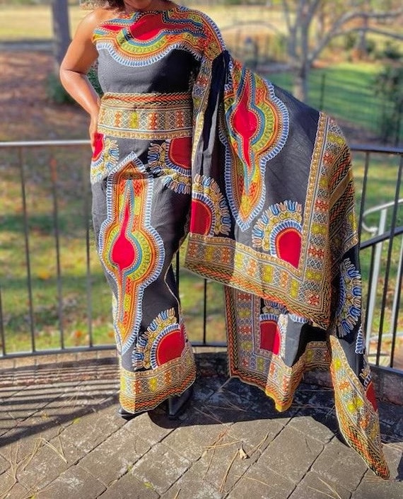 one shoulder traditional dresses Black Multicolor One Shoulder Statement Sleeve Maxi Dress