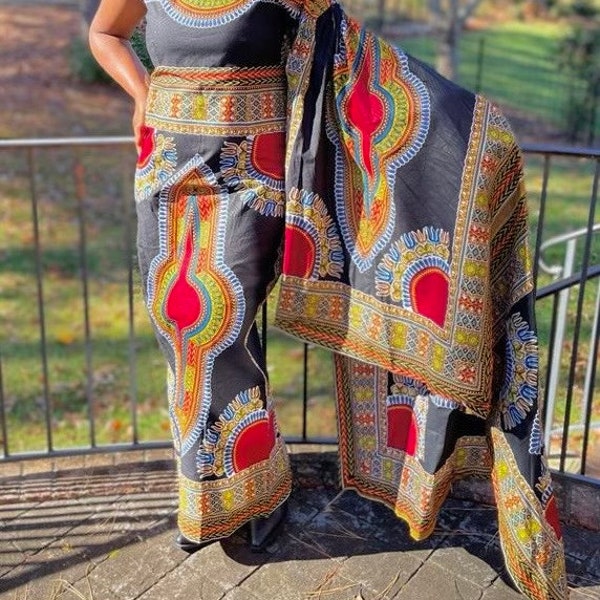 African Print Ankara Black Dashiki One Shoulder Maxi Dress