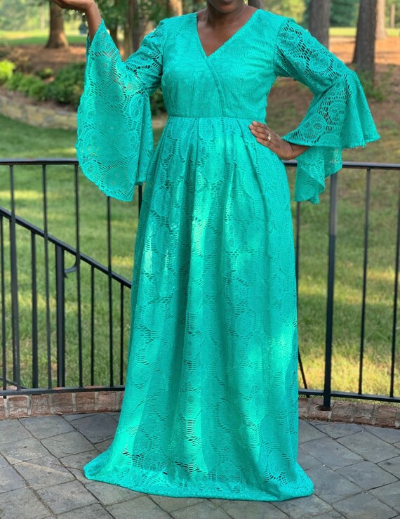 Green Lace Dentelle Bell Sleeve Maxi Dress Green Lace Dentelle Bell Sleeve Maxi Dress