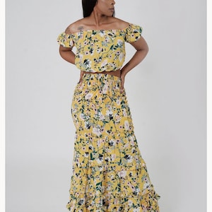 Floral Two Piece Smocked Skirt and Off Shoulder Top