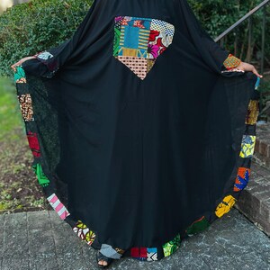 Black Two Piece Chiffon Kaftan With Multicolor Vibrant Patchwork Trim