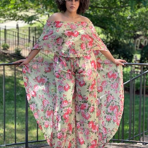Floral Print Multicolor Off Shoulder High Low Chiffon Sheer and Pants Set