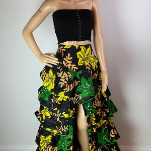 African Print Ankara Floral Print  Layered Ruffle Slit Maxi Skirt