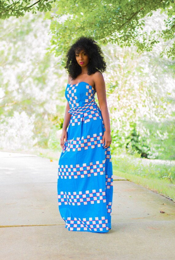 African Print Ankara Blue Checkerboard Multicolor Sleeveless BustierBelted Cotton Maxi Dress