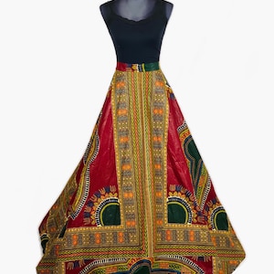 African Print Ankara  Red Dashiki Circle  Maxi  Skirt