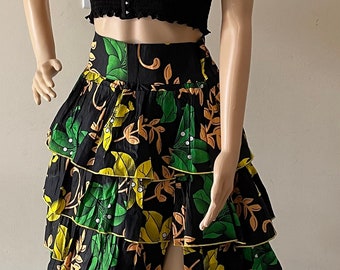 African Print Ankara Floral  Print  Layered Ruffle side Slit Maxi Skirt  Skirt