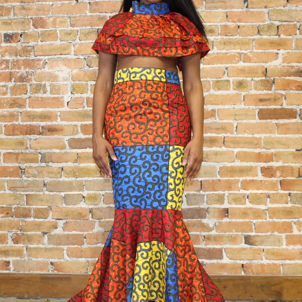 African Skew Neck Crop Top Mermaid Skirt Elegant 2 Piece Outfit