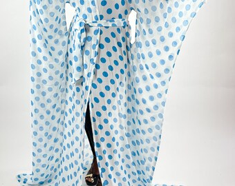 White and Blue Polka Dots Chiffon Kaftan