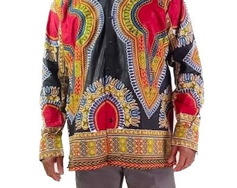 Black Multicolor Long Sleeve  African Print Ankara Dashiki Men Shirt