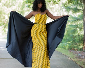 African Ankara Yellow and Black Mixed Print Sweetheart Neckline Maxi Dress with Silk Train