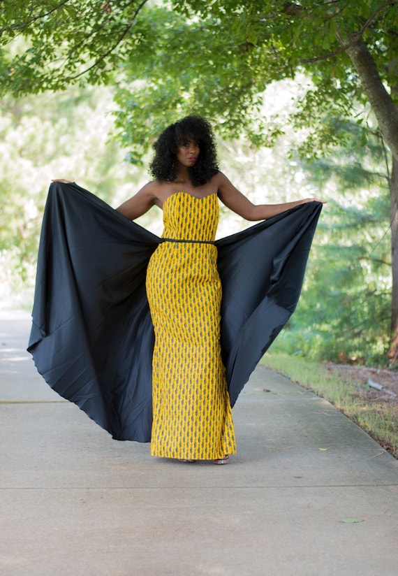 Yellow and Black African Ankara Mixed Print Sweetheart Neckline Maxi Dress with Silk Train