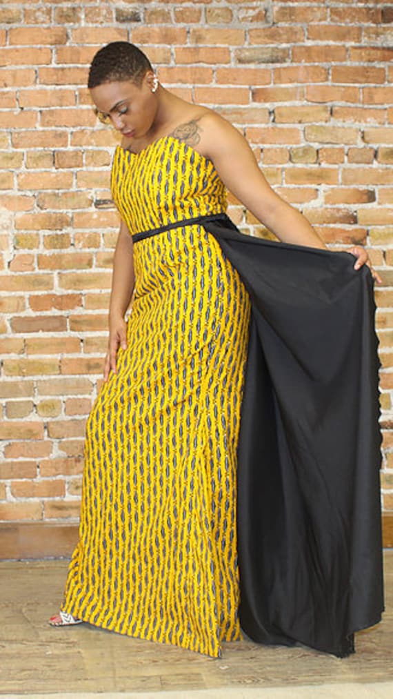 Yellow and Black African Ankara Mixed Print Sweetheart Neckline Maxi Dress with Silk Train
